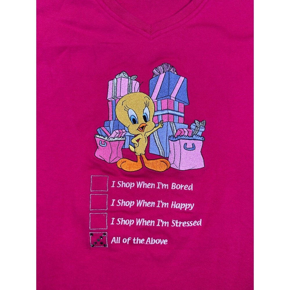 Vintage Warner Bros Studio Store Tweety Bird Pink V-Neck T-Shirt Womens Small‎